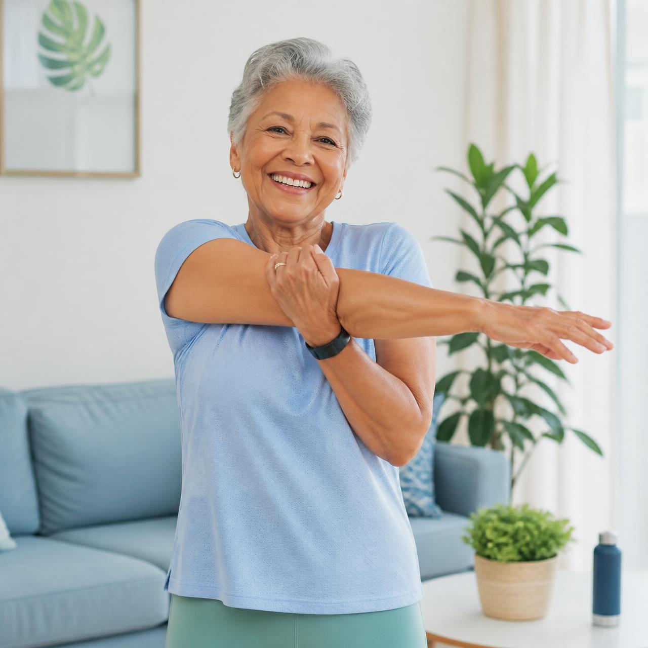 Senhora idosa sorrindo enquanto faz um alongamento leve em casa
