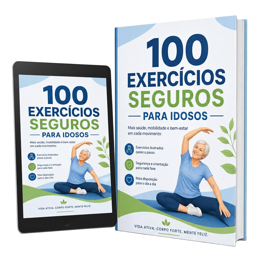 E-book 100 Exercícios Seguros para Idosos exibido em tablet e versão impressa